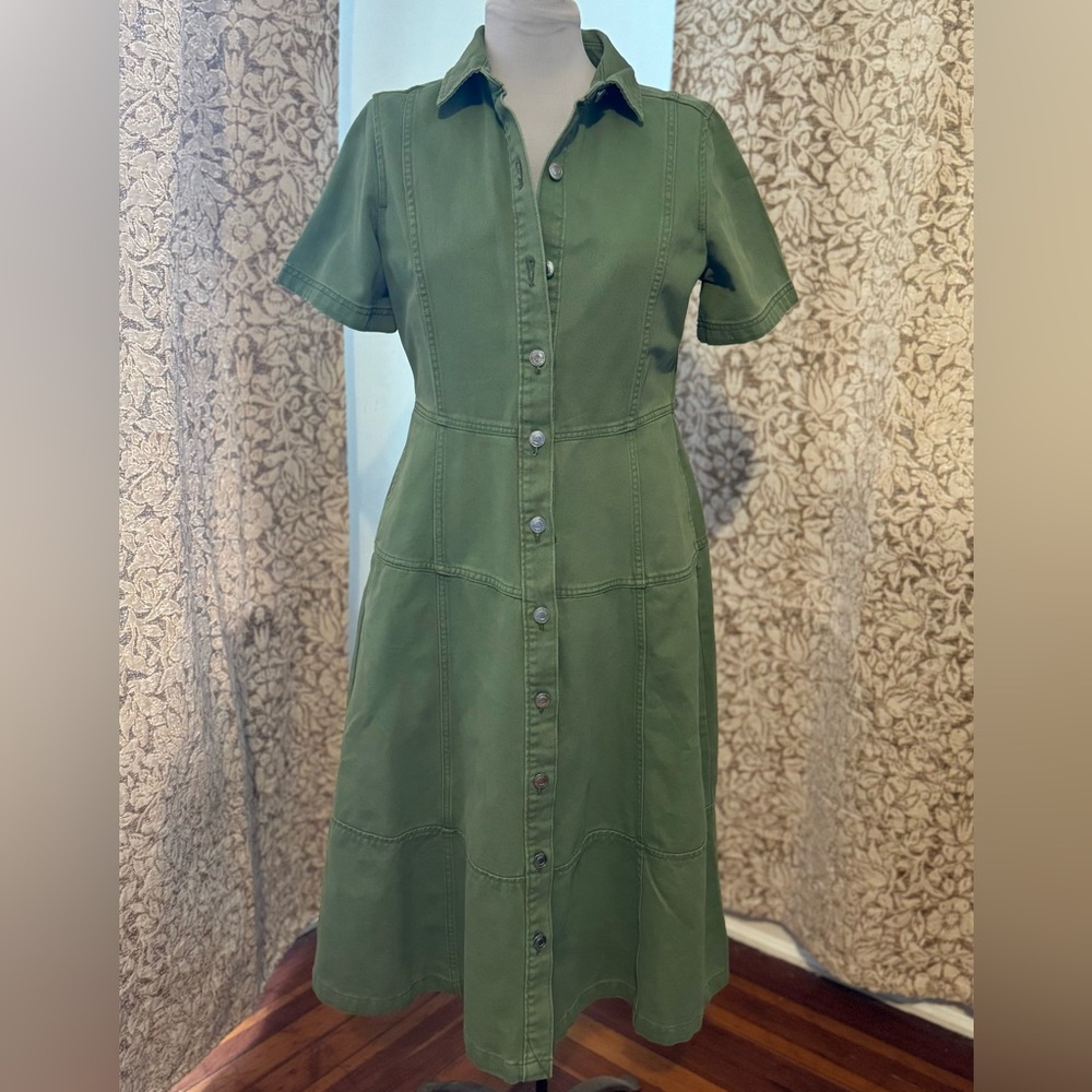 Collared Olive Green Button-Front Midi Dress